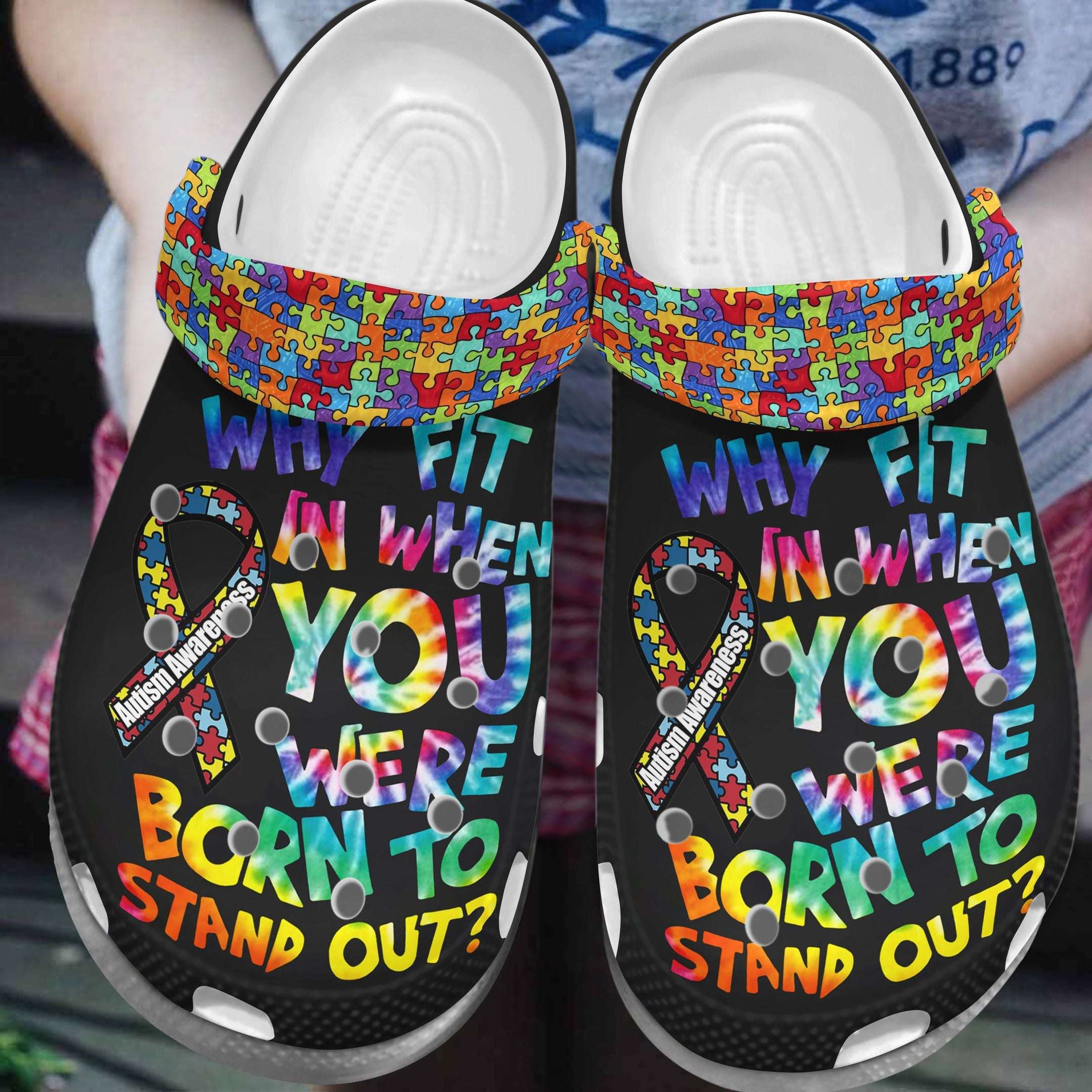 Crocs outfit - autism awareness day why fit in when you were born to stand out puzzle pieces crocs crocband clog shoes - 147 Crocs Outfit