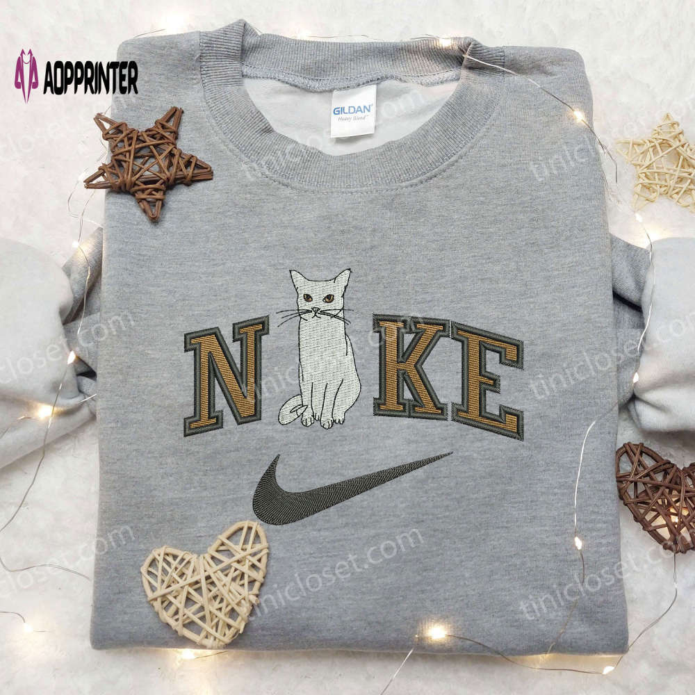 Cute cat x nike embroidered shirt: animal & custom nike tee perfect for cat lovers Embroidered Shirt
