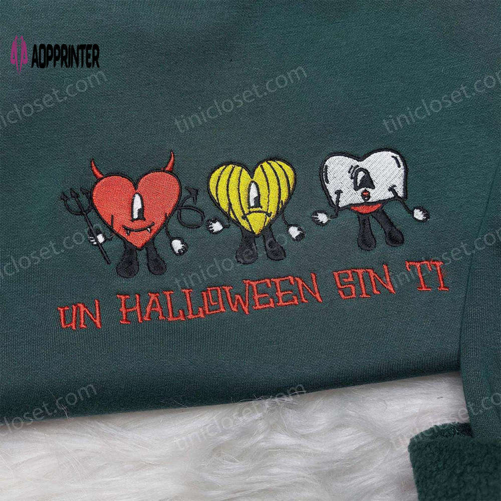 Cute little bad bunny shirt: un halloween sin ti embroidered – cool halloween shirts Embroidered Shirt