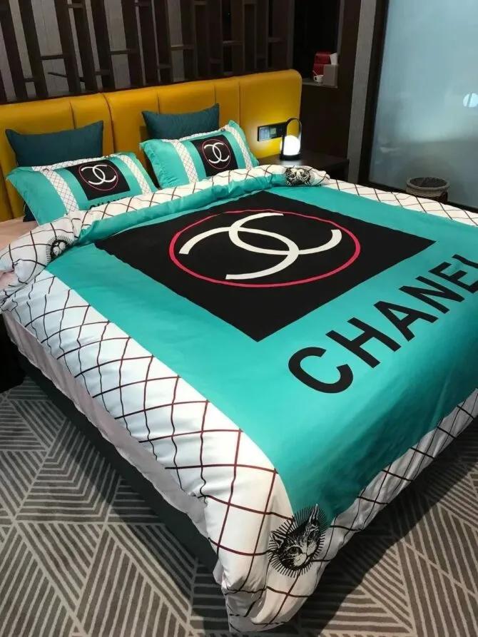 Cyan chanel bedding sets luxury brand bed sets, bedroom sets, comforter sets, duvet cover, bedspread for home decor trending 2023 for home Bedding Sets