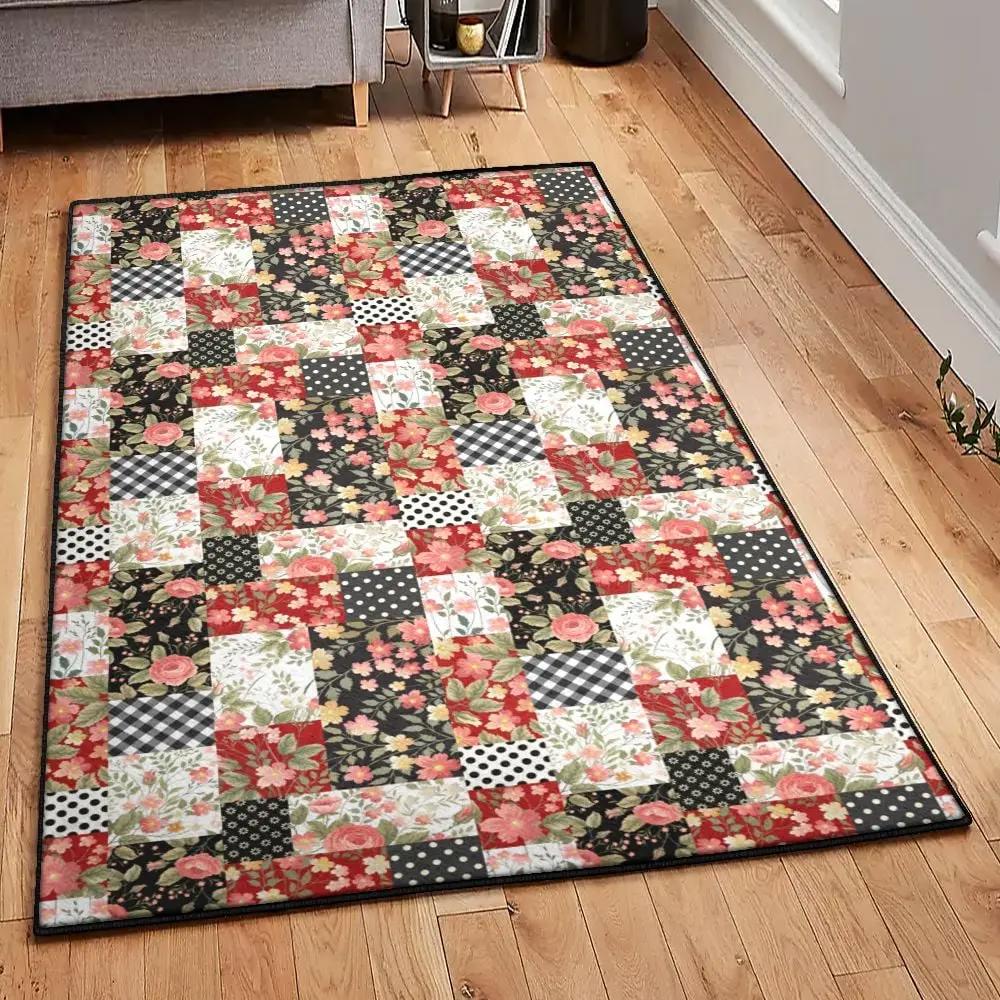 Floral art deco rug, patchwork flower rug Rectangle Rug