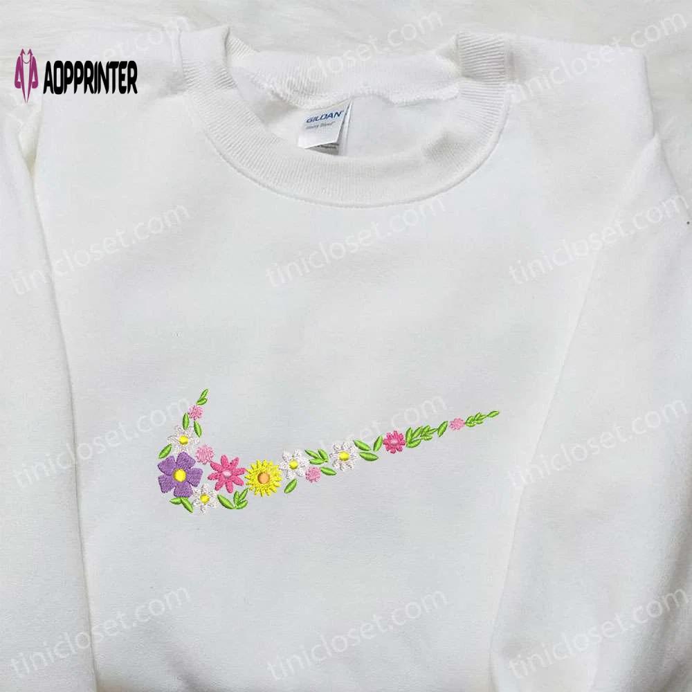 Flowers x nike swoosh embroidered shirt – nike inspired best gift for family Embroidered Shirt