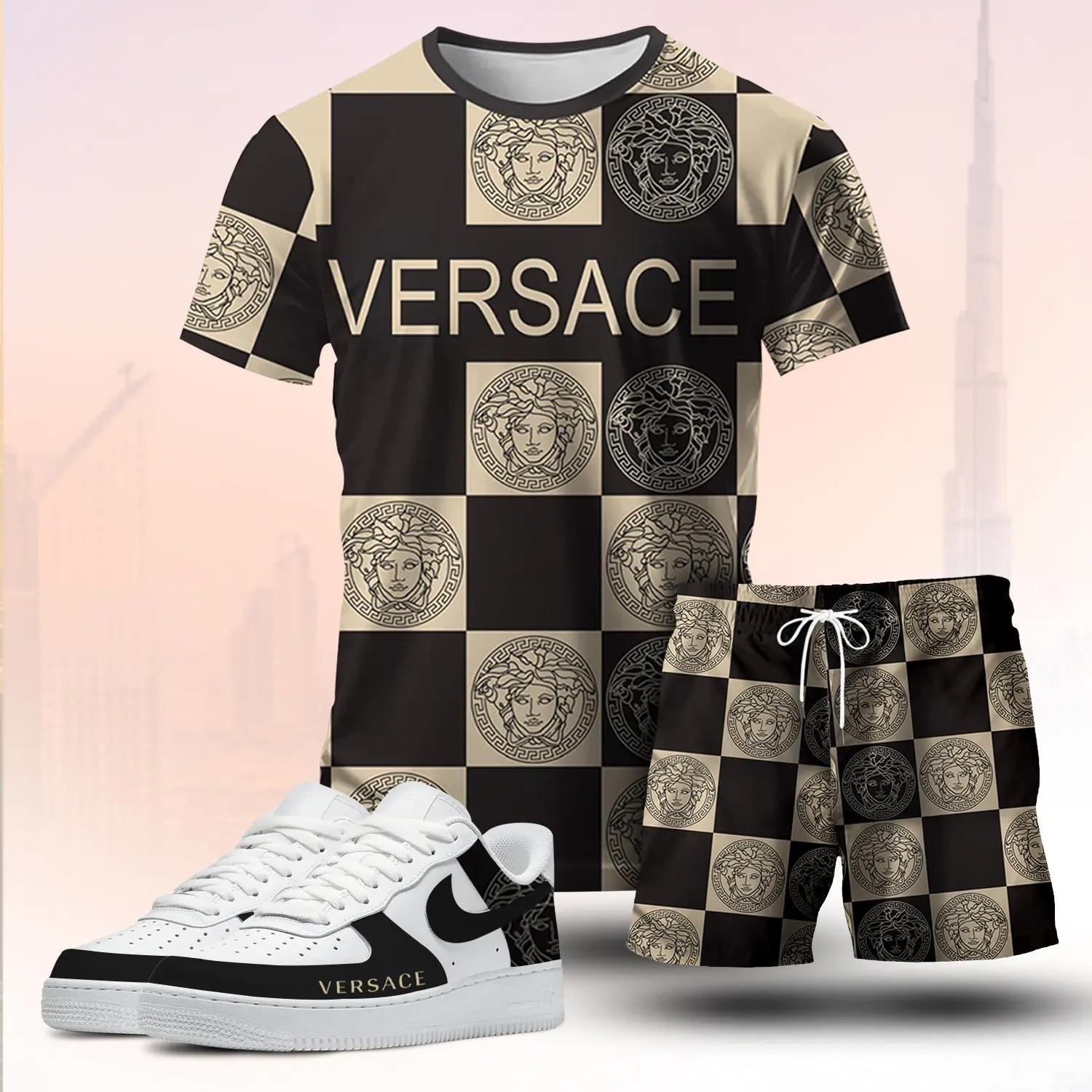 For the girls who love bold pattern streetwear, versace graphic tee set – black beige casual everyday outfit ideas T-Shirt Short Sneakers Set