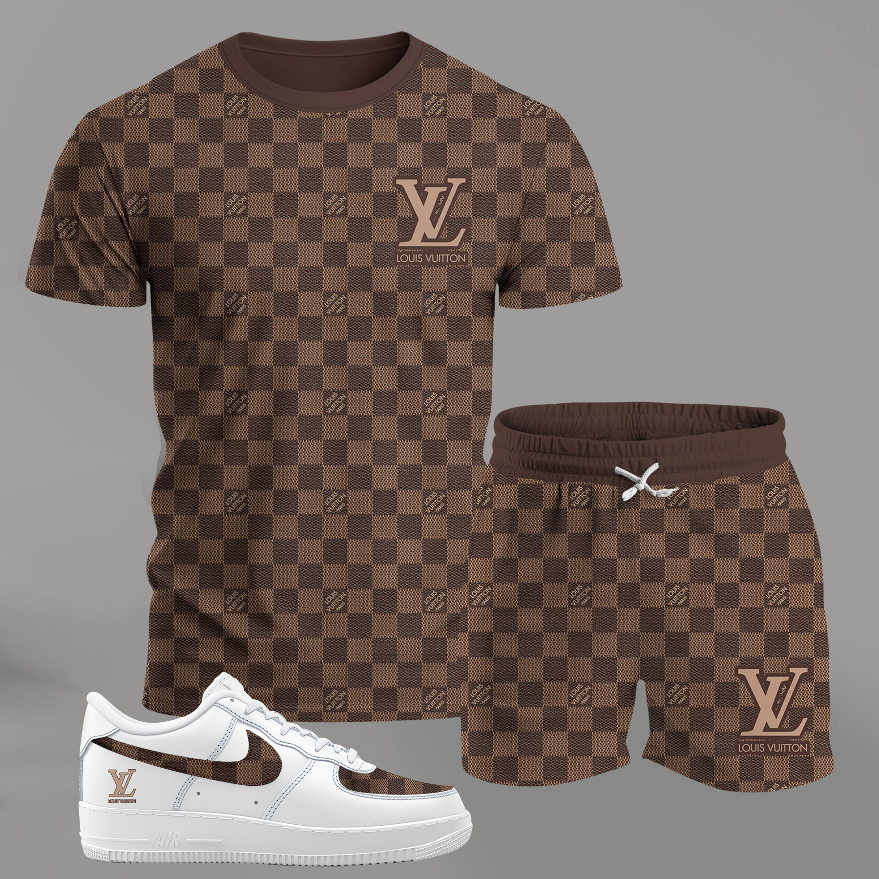 For the girls who love classic check patterns, brown all-over check outfit t-shirt set | minimal aesthetic everyday wear T-Shirt Short Sneakers Set