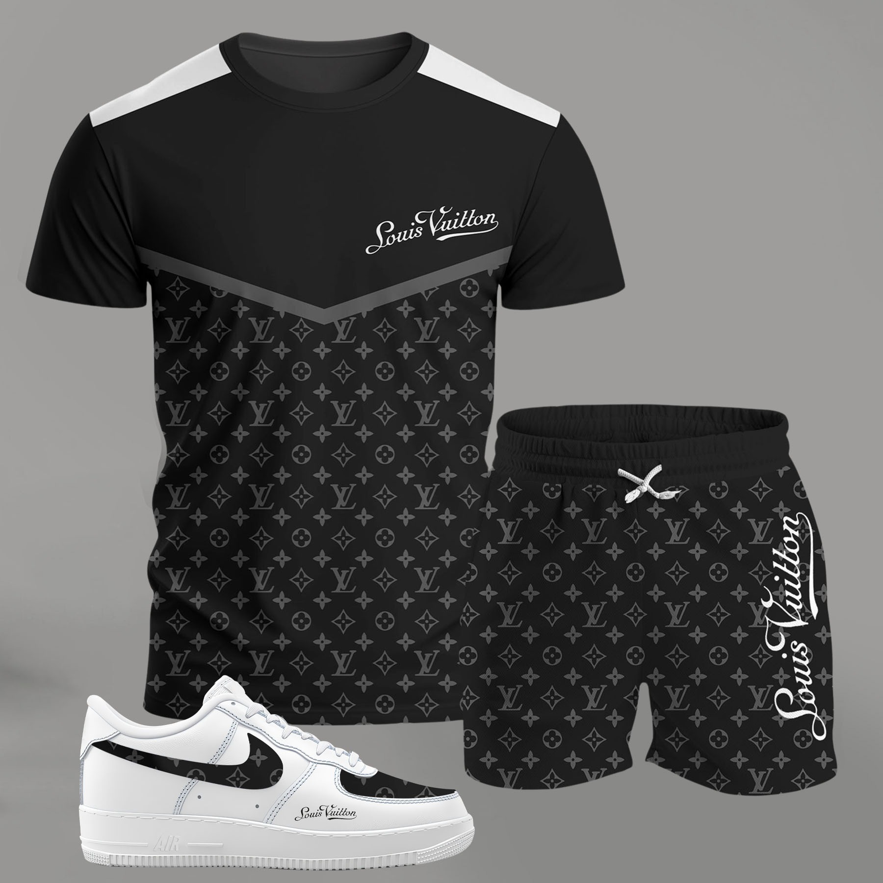 For the girls who love monochrome street style, black panel monogram outfit t-shirt set | minimal aesthetic everyday wear T-Shirt Short Sneakers Set