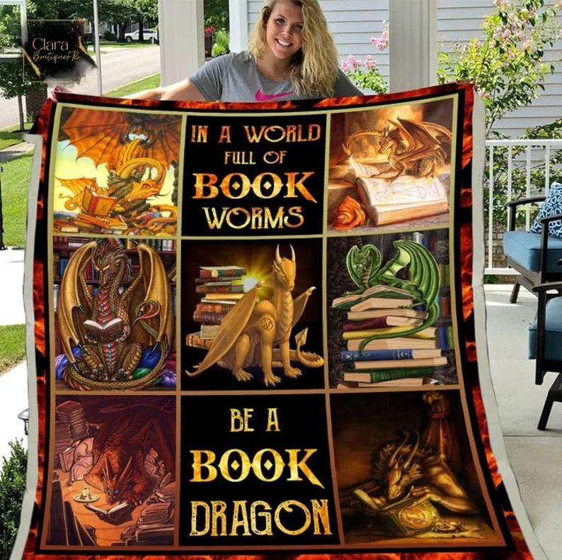 Full of bookworms be a book dragon fleece blanket, mink sherpa blanket, reading lover gift, book blanket, dragon blanket, bookworm quilt Quilt Blanket