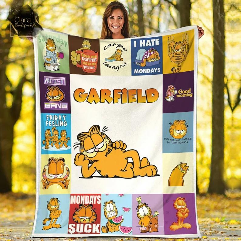Funny garfield fleece blanket, mink sherpa blanket, comic strip quilt, garfield lover gift, garfield movie quilt Quilt Blanket