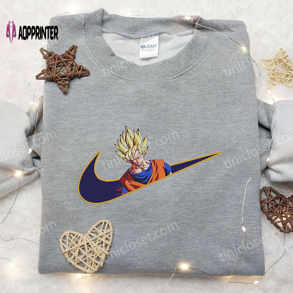 Goku super saiyan 2 x nike swoosh anime hoodie dragon ball embroidered shirt nike inspired tee Embroidered Shirt