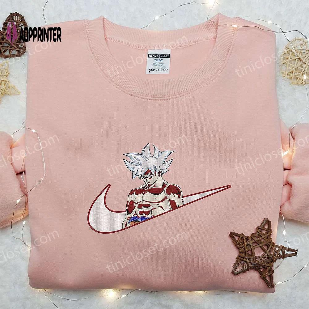 Goku ultra instinct x nike swoosh anime hoodie: dragon ball embroidered shirt nike inspired Embroidered Shirt