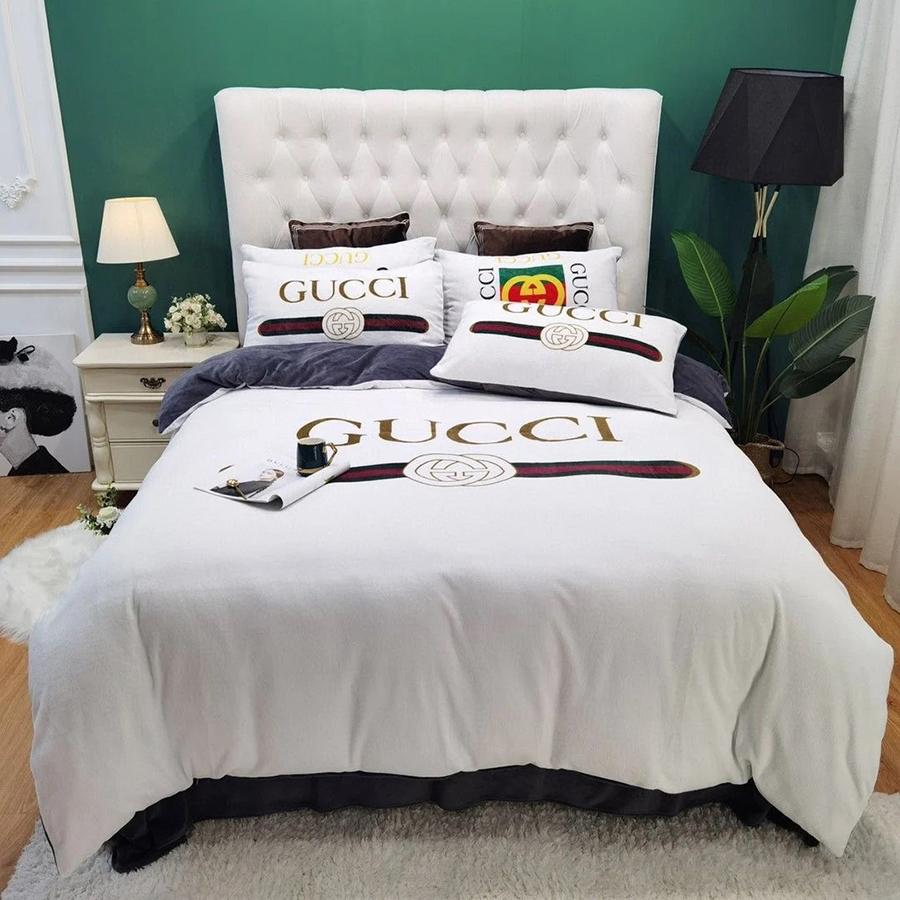 Gucci amazing white fashion logo luxury brand bedding sets, bedroom decor , thanksgiving decorations for home Bedding Sets