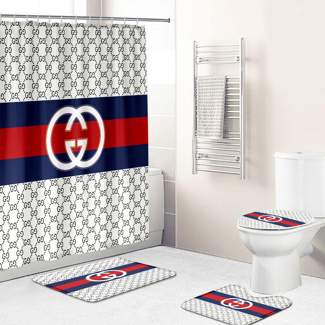 Gucci bath mat sets gray and black white logo full shower curtain v1 134 Bathroom Set