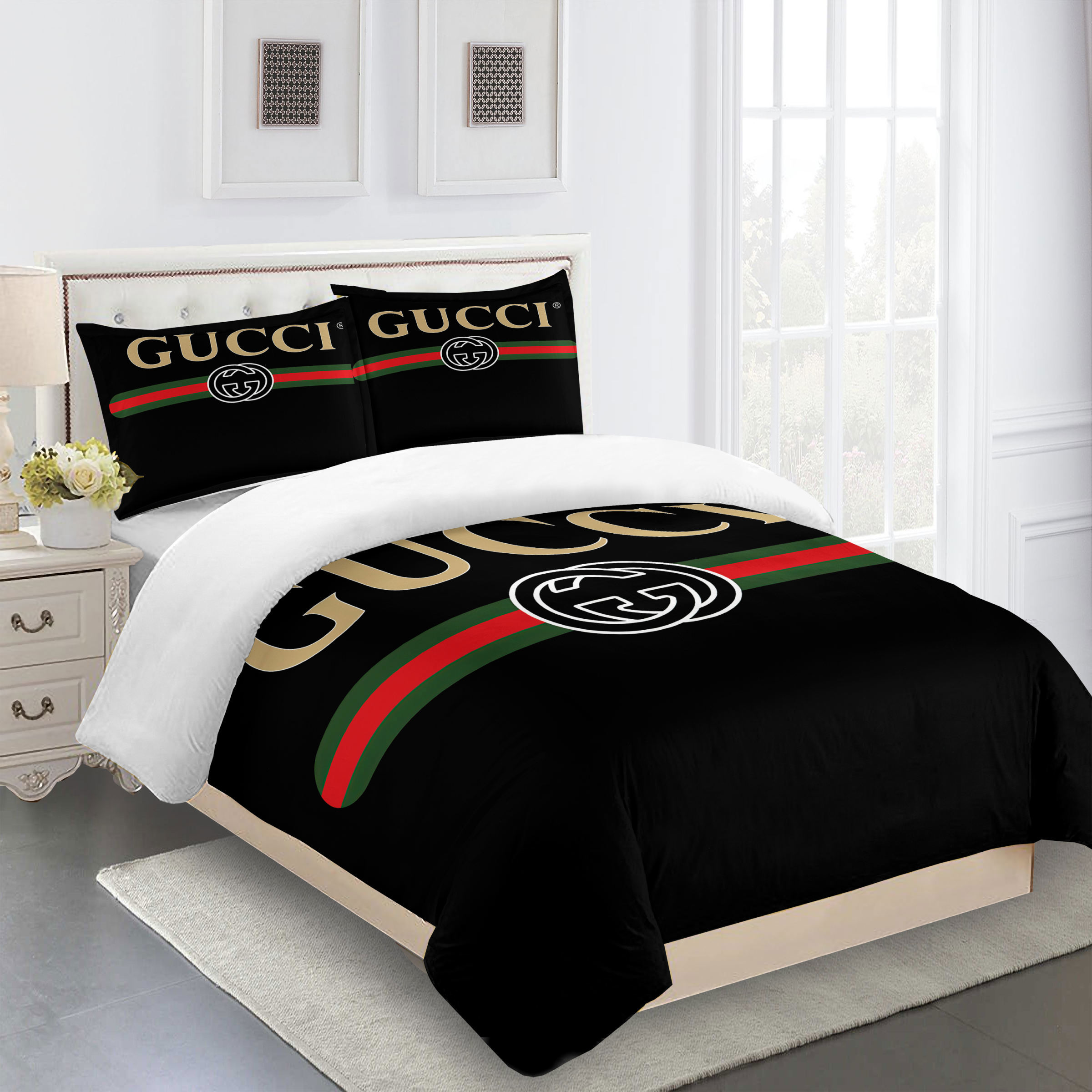 Gucci bedding set black and red gold luxury bed sheets Bedding Sets