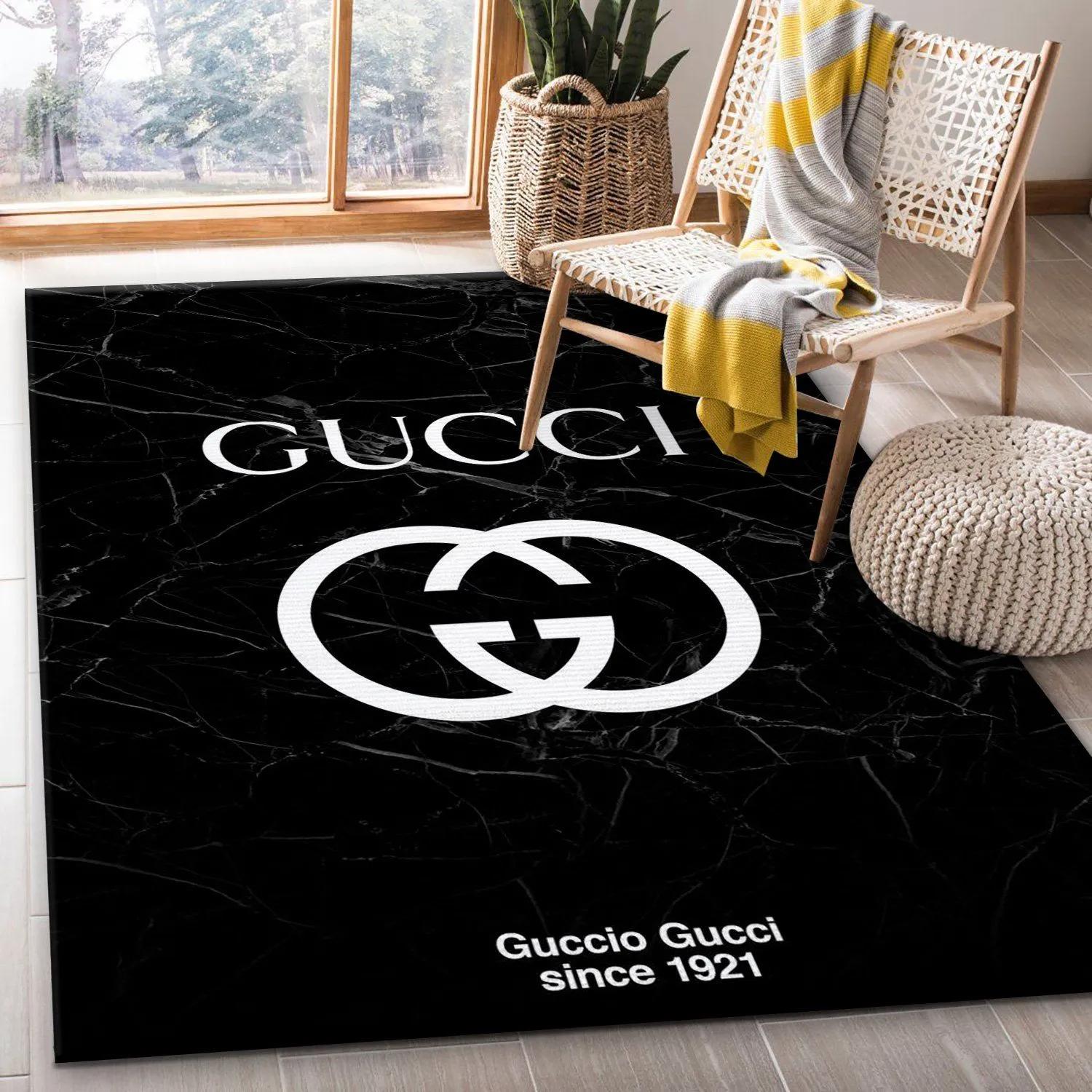 Gucci black marble marmor logo type 412. Upgrade Your Living Room with Luxury Home Decor: Area Carpets, Floor Decor, Door Mats, and Hot Gift Items with style a High-End Fashion Brand Rectangle Rug