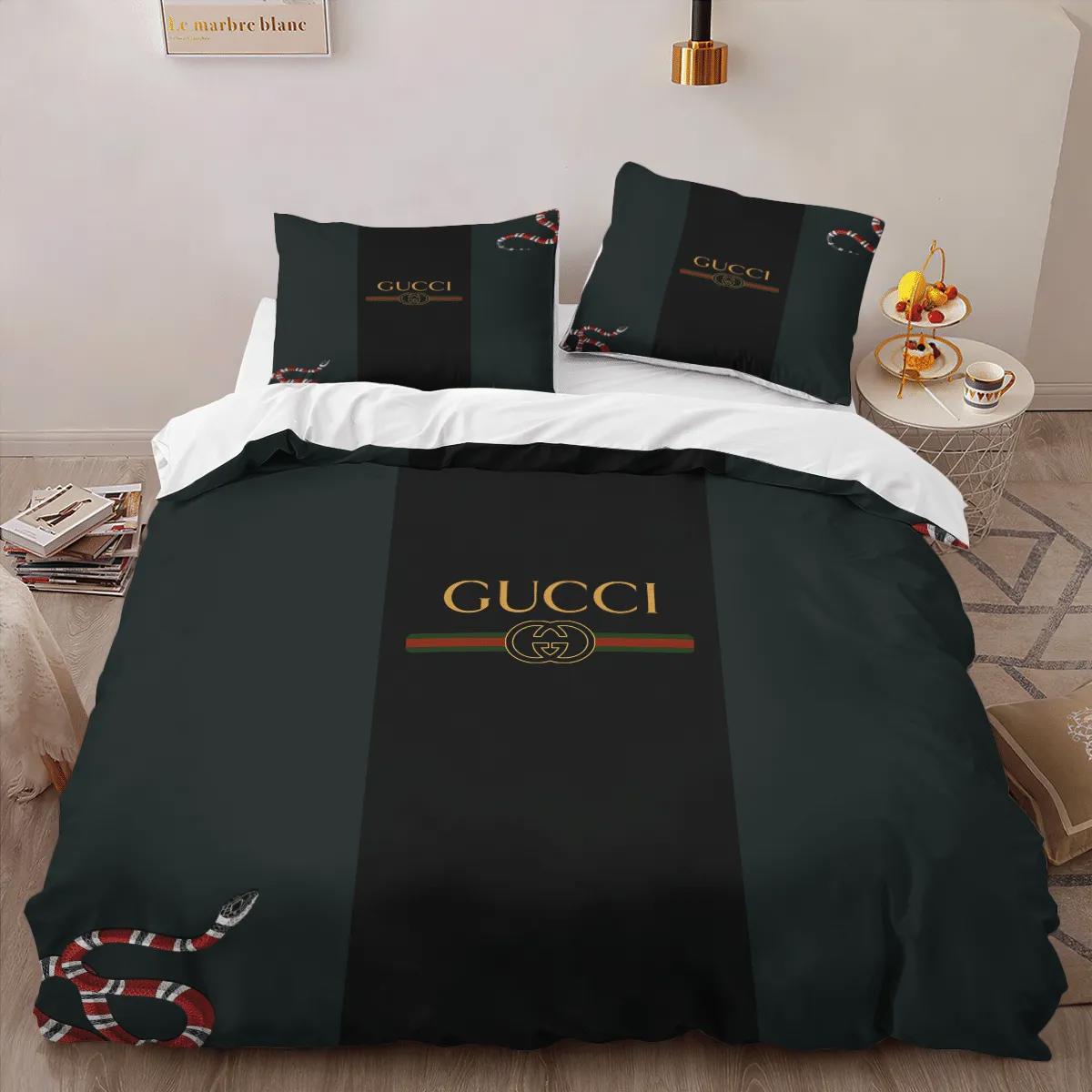 Gucci dark snake fashion logo premium luxury brand high-end bedding sets lv, bedroom decor , thanksgiving decorations for home best luxury bed sets gift thankgivings and christmas Bedding Sets