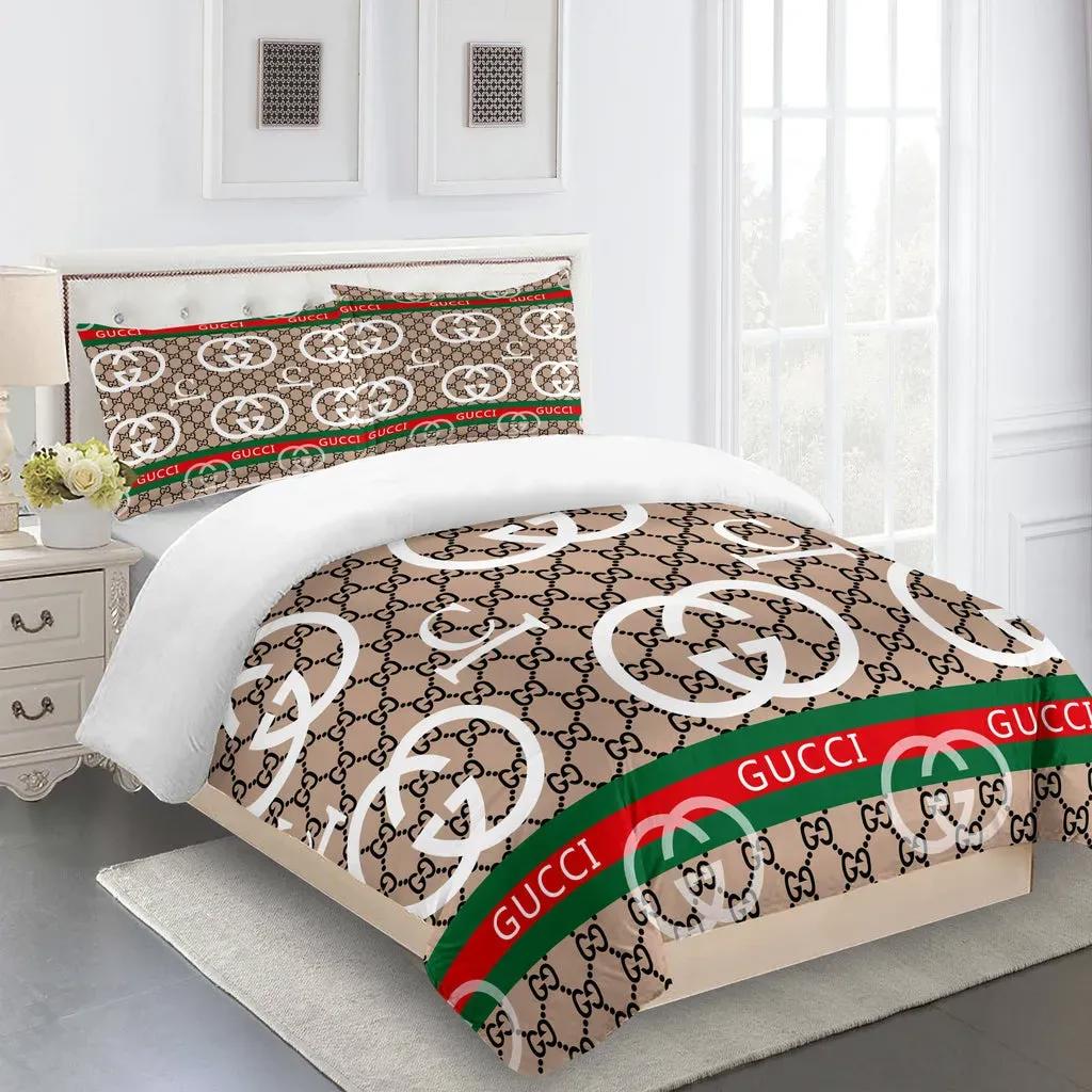 Gucci fashion logo limited luxury brand bedding sets, bedroom decor , thanksgiving decorations for home 12 best luxury bed sets gift thankgivings and christmas Bedding Sets