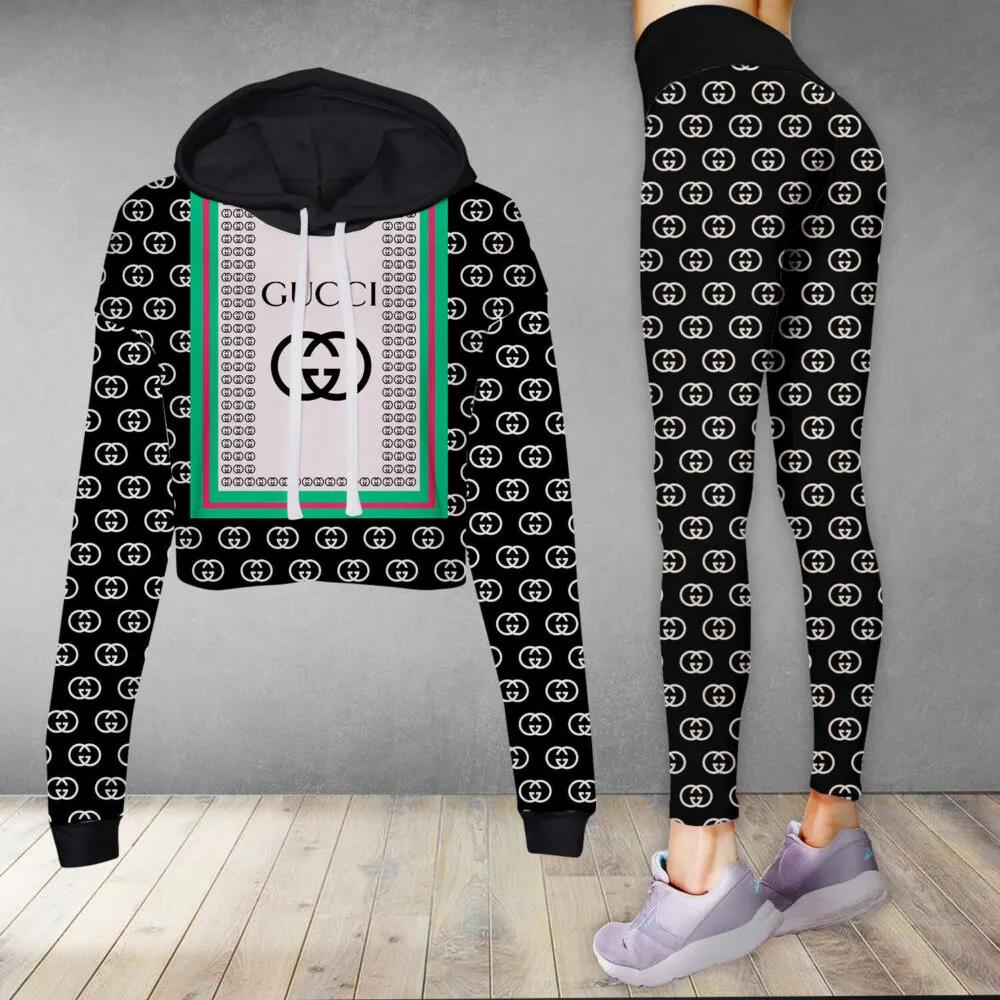 Gucci logo luxury brand clothes leggings and crop top set for women Croptop Hoodie Legging Set