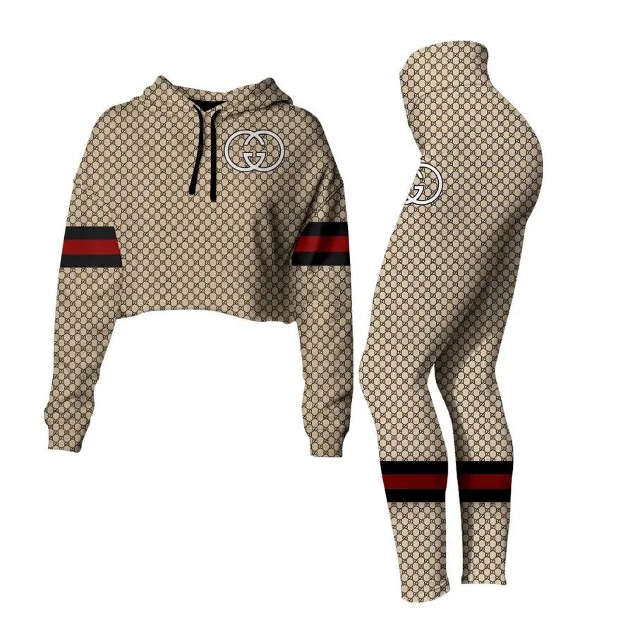 Gucci monogram luxury brand clothes premium leggings and crop top set for women Croptop Hoodie Legging Set