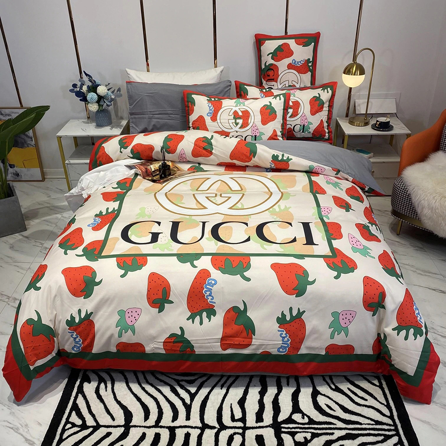 Gucci strawberry fashion logo luxury brand bedding sets, bedroom decor , thanksgiving decorations for home Bedding Sets