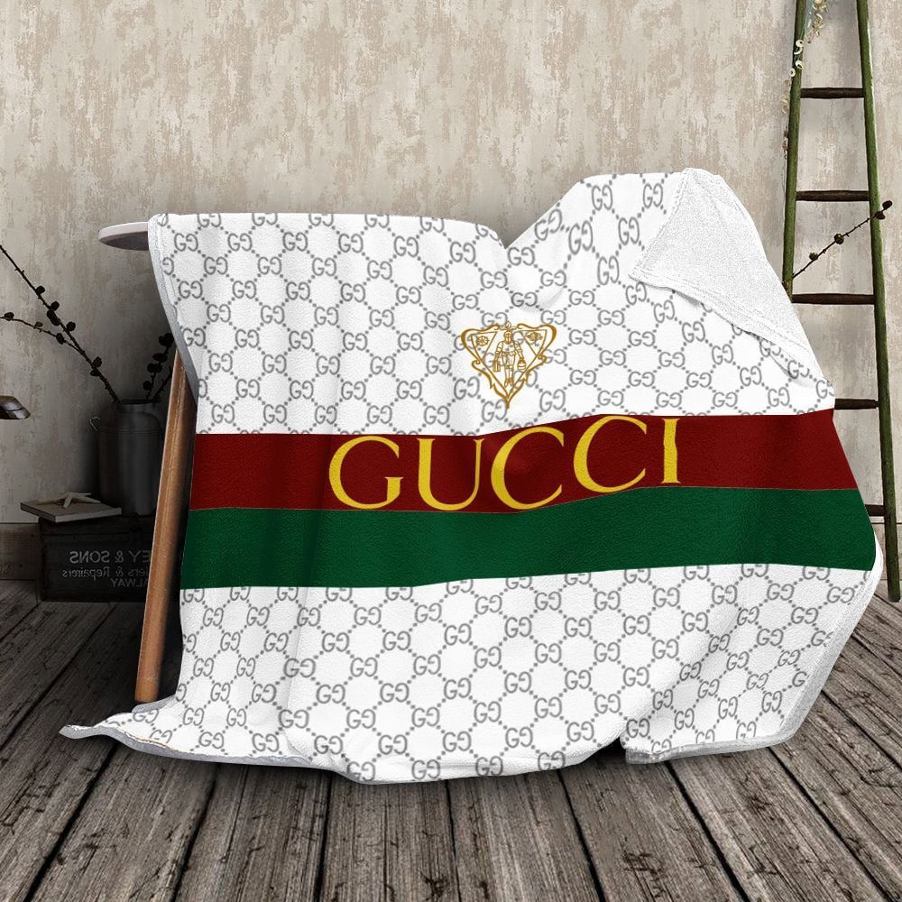 Gucci white fashion logo luxury brand premium blanket fleece home decor 89 Blanket Fleece