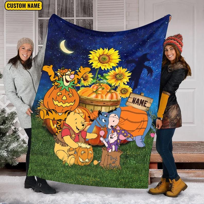 Halloween decorations custom name blanket, halloween winnie the pooh blanket pumpkin halloween, thanksgiving blanket, fall autumn halloween, tiger, eeyore piglet Quilt Blanket