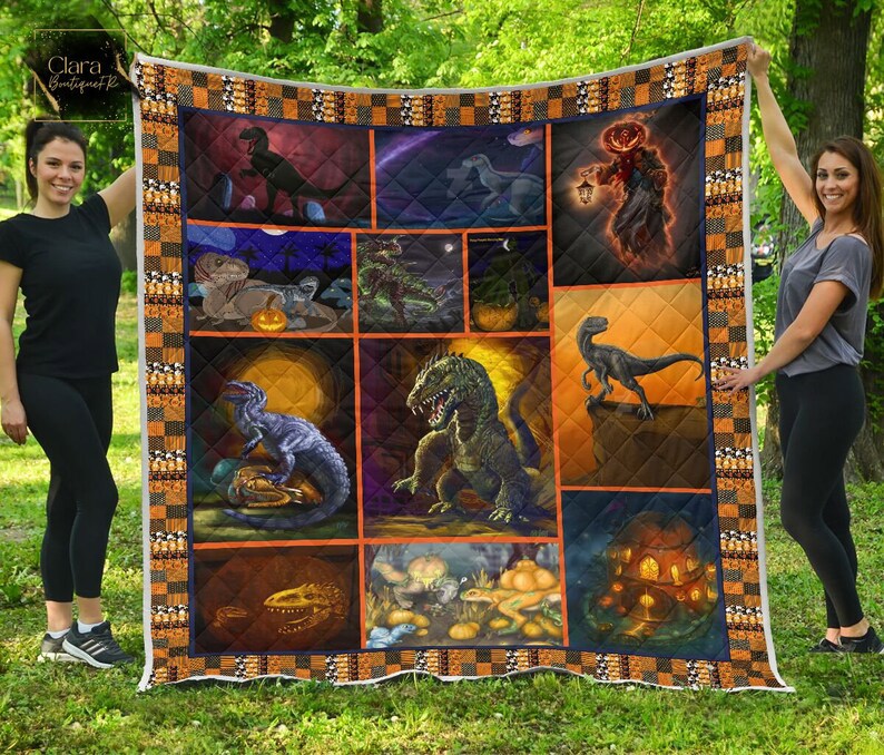 Halloween decorations dinosaur halloween fleece blanket, mink sherpa blanket, halloween blanket, dinosaur lover gift Quilt Blanket
