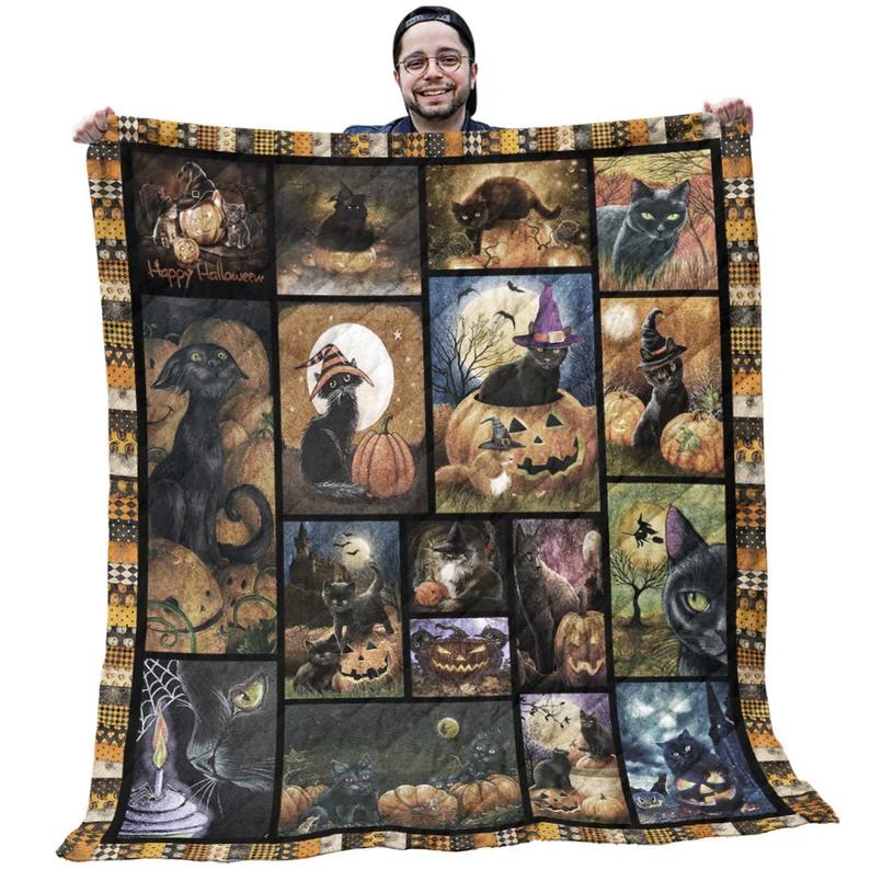 Halloween decorations halloween cat blanket - cat halloween happy vintage halloween quilt blanket - gifts for cat lovers Quilt Blanket