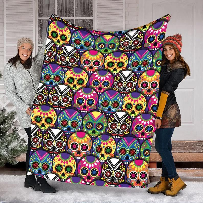 Halloween decorations halloween skull blanket, sugar skull blanket day of the dead blanket soft, creepy halloween blanket, super cozy blanket for all seasons Quilt Blanket