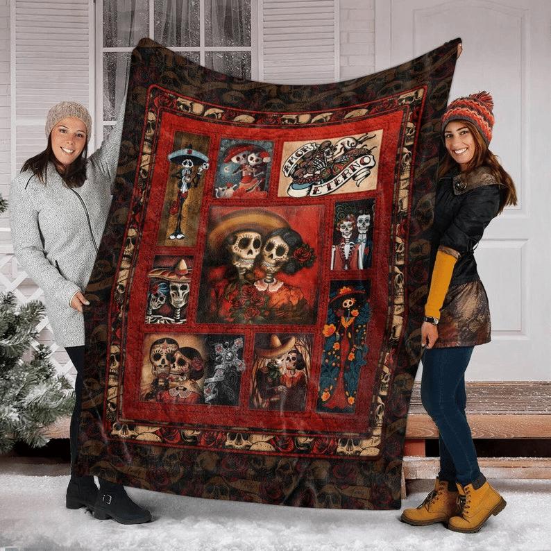 Halloween decorations sugar skull couple halloween quilt blanket Quilt Blanket