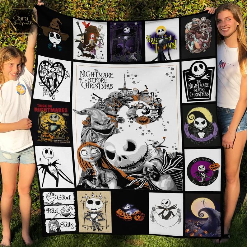 Halloween decorations the nightmare before christmas fleece blanket, mink sherpa blanket, jack and sally quilt, halloween gift, jack skellington quilt Quilt Blanket