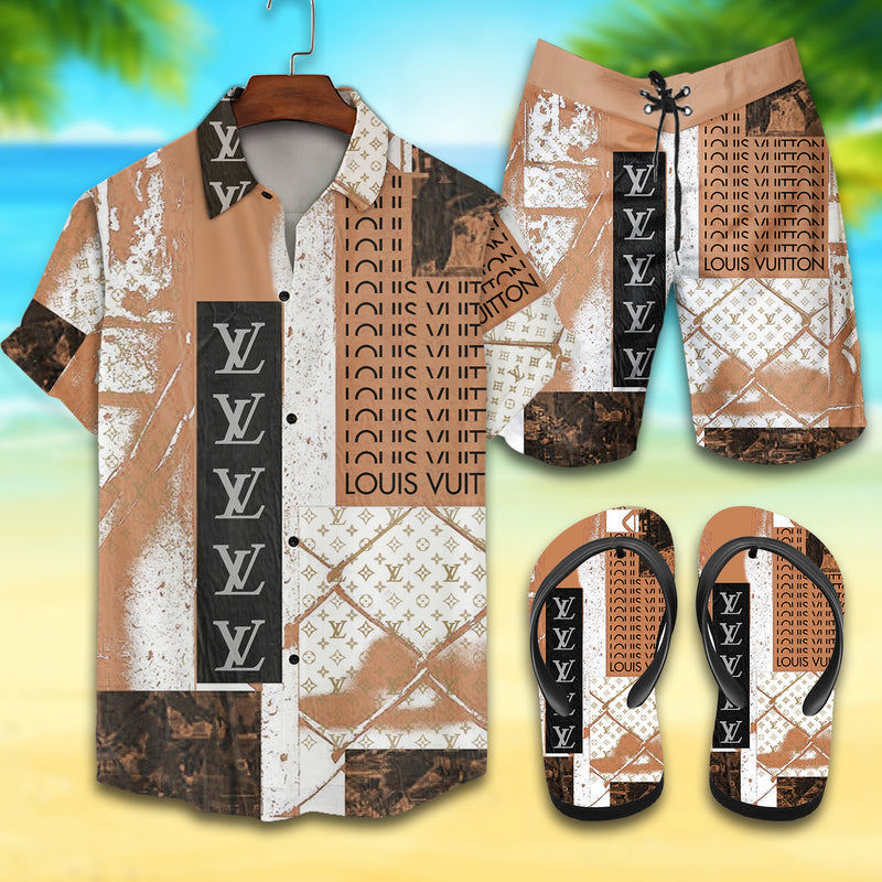Louis vuitton design fashion hawaiian shirt beach shorts and flip flops combo Hawaii Shirt Shorts & Flip Flops