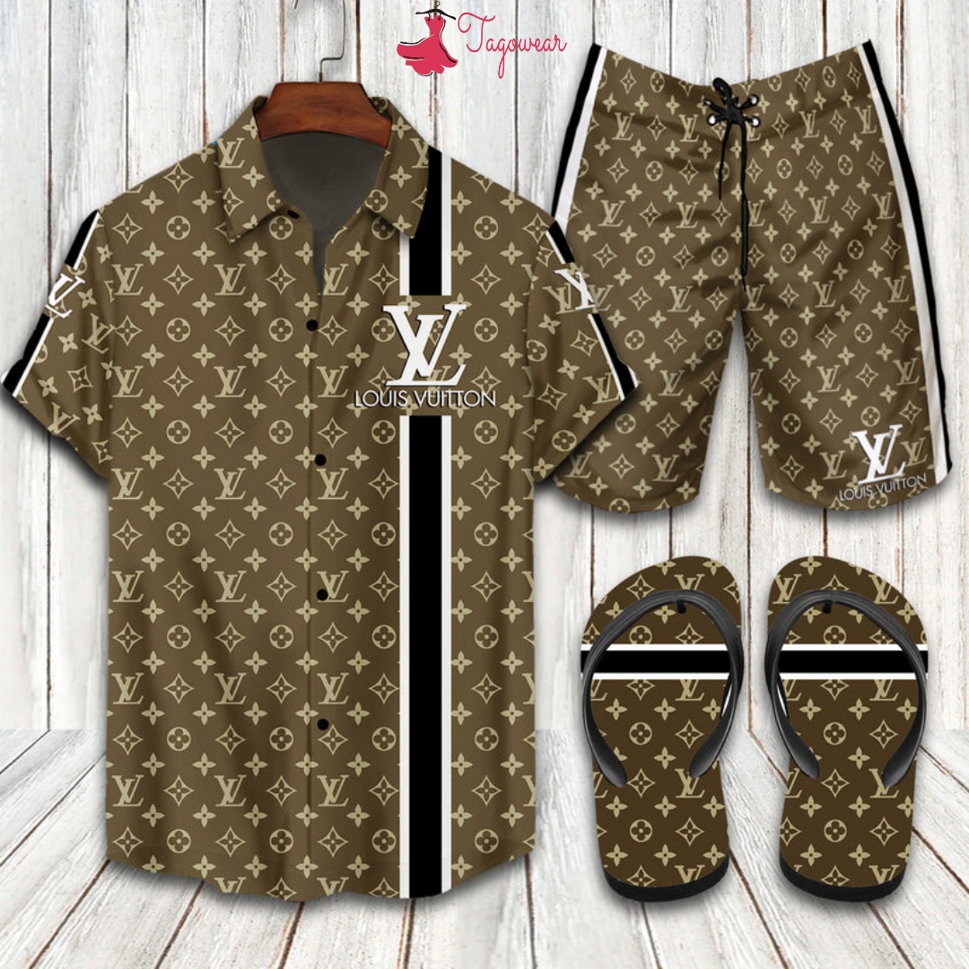 Louis vuitton flip flops and combo hawaiian shirt, beach shorts luxury summer clothes style #153 Hawaii Shirt Shorts & Flip Flops