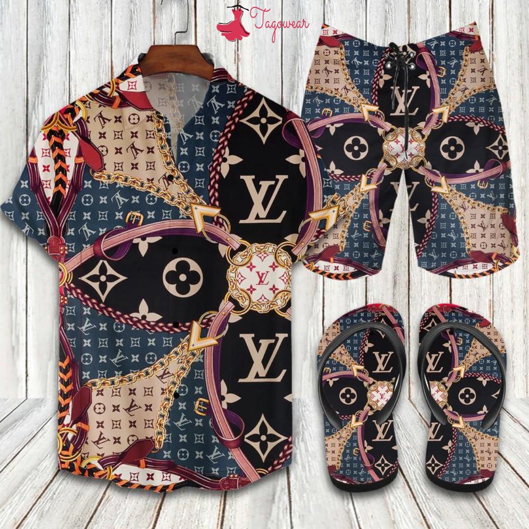 Louis vuitton flip flops and combo hawaiian shirt, beach shorts luxury summer clothes style #160 Hawaii Shirt Shorts & Flip Flops