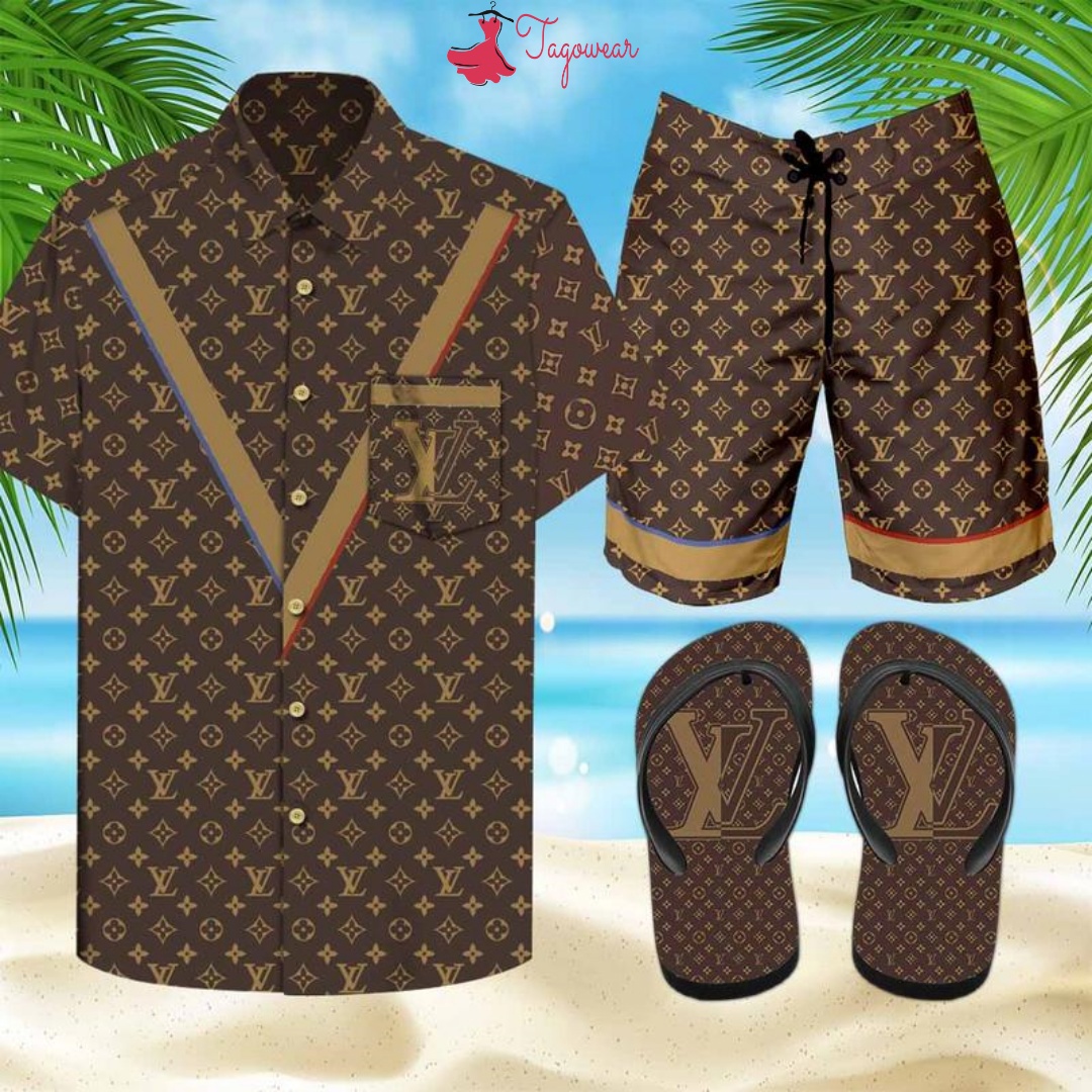 Louis vuitton flip flops and combo hawaiian shirt, beach shorts luxury summer clothes style #274 Hawaii Shirt Shorts & Flip Flops