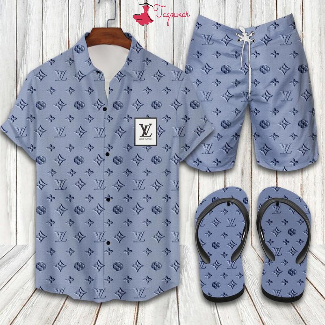 Louis vuitton flip flops and combo hawaiian shirt, beach shorts luxury summer clothes style #351 Hawaii Shirt Shorts & Flip Flops