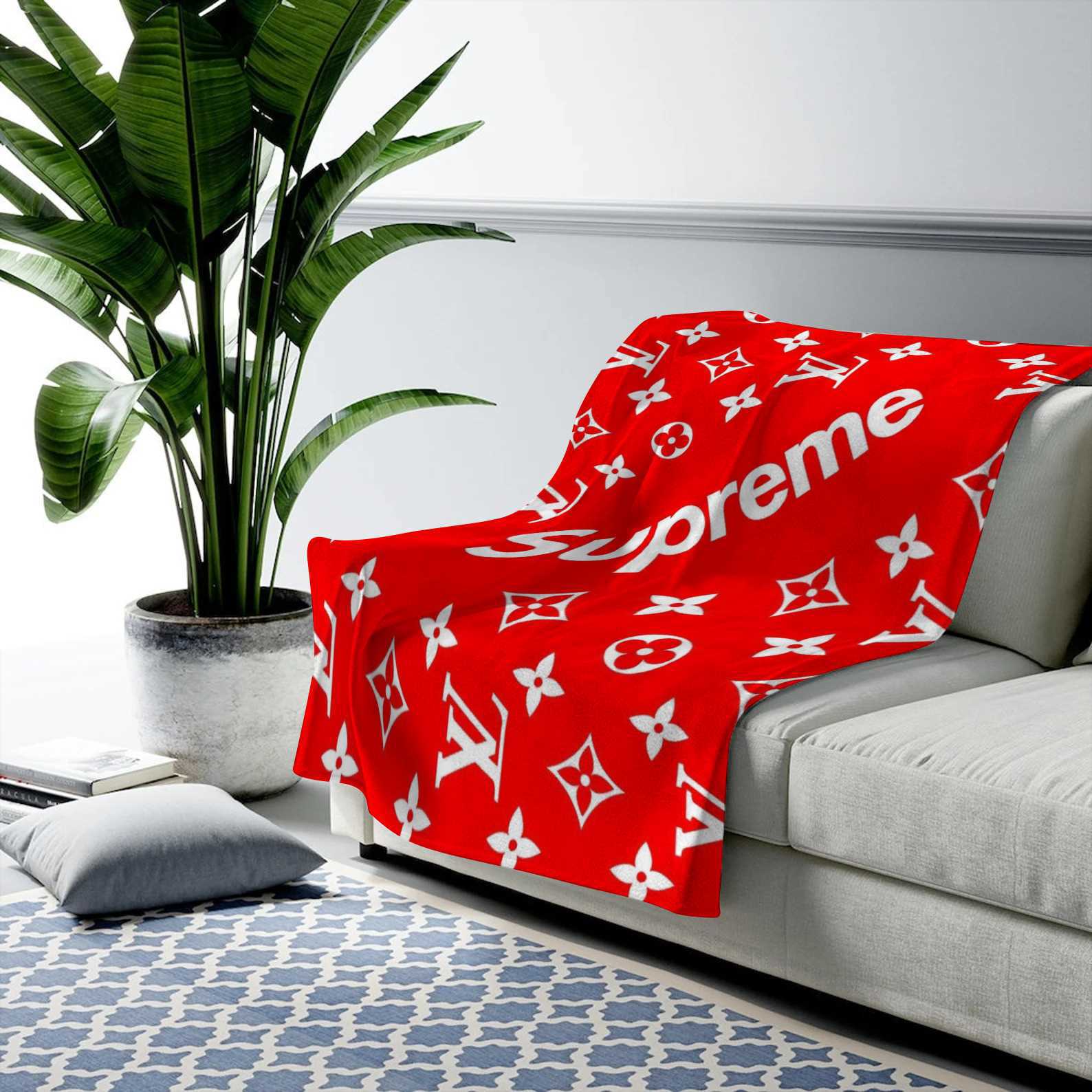 Louis vuitton supreme red logo fashion luxury brand premium blanket fleece home decor 136 Blanket Fleece