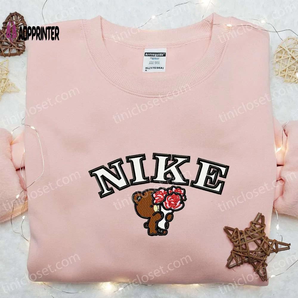 Mocha bear flower x nike cartoon embroidered shirt: best nike inspired birthday gift Embroidered Shirt