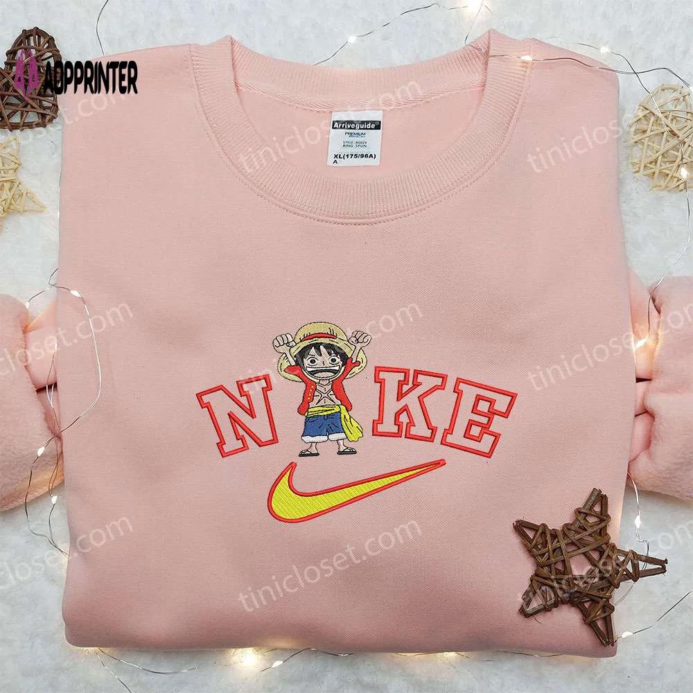 Monkey d luffy x nike embroidered hoodie & one piece shirt: unique nike inspired apparel Embroidered Shirt