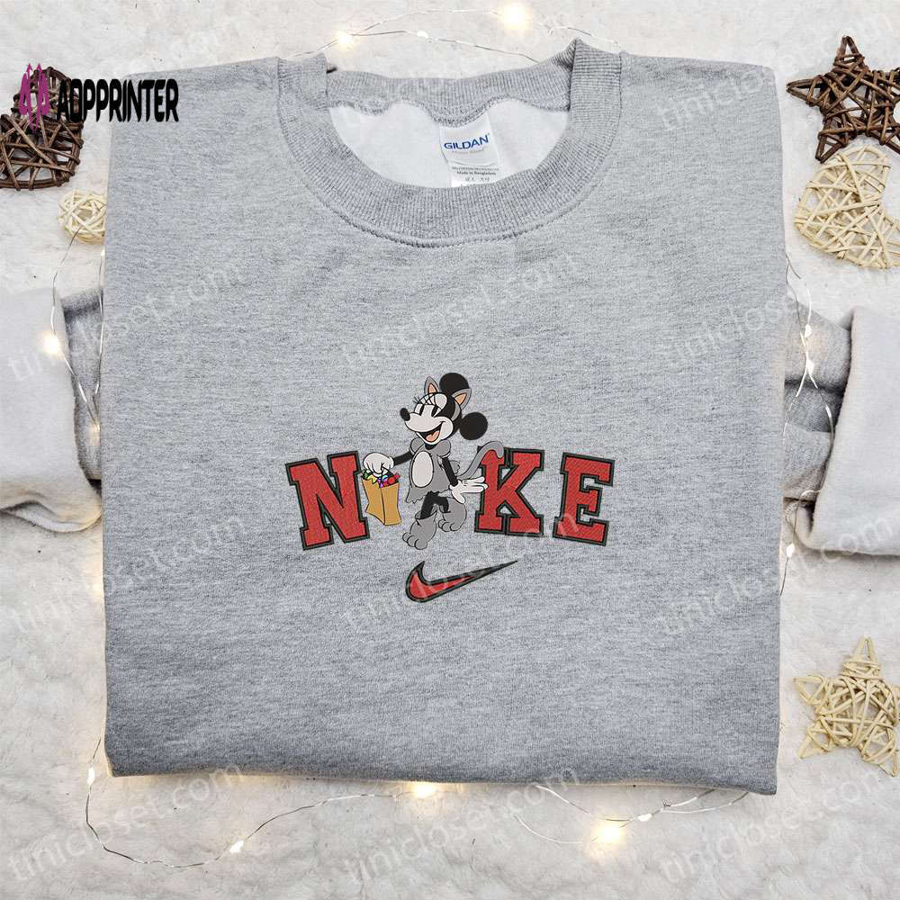 Nike halloween x minnie mouse cat candy bag sweatshirt: disney characters embroidered shirt for best halloween gift ideas Embroidered Shirt