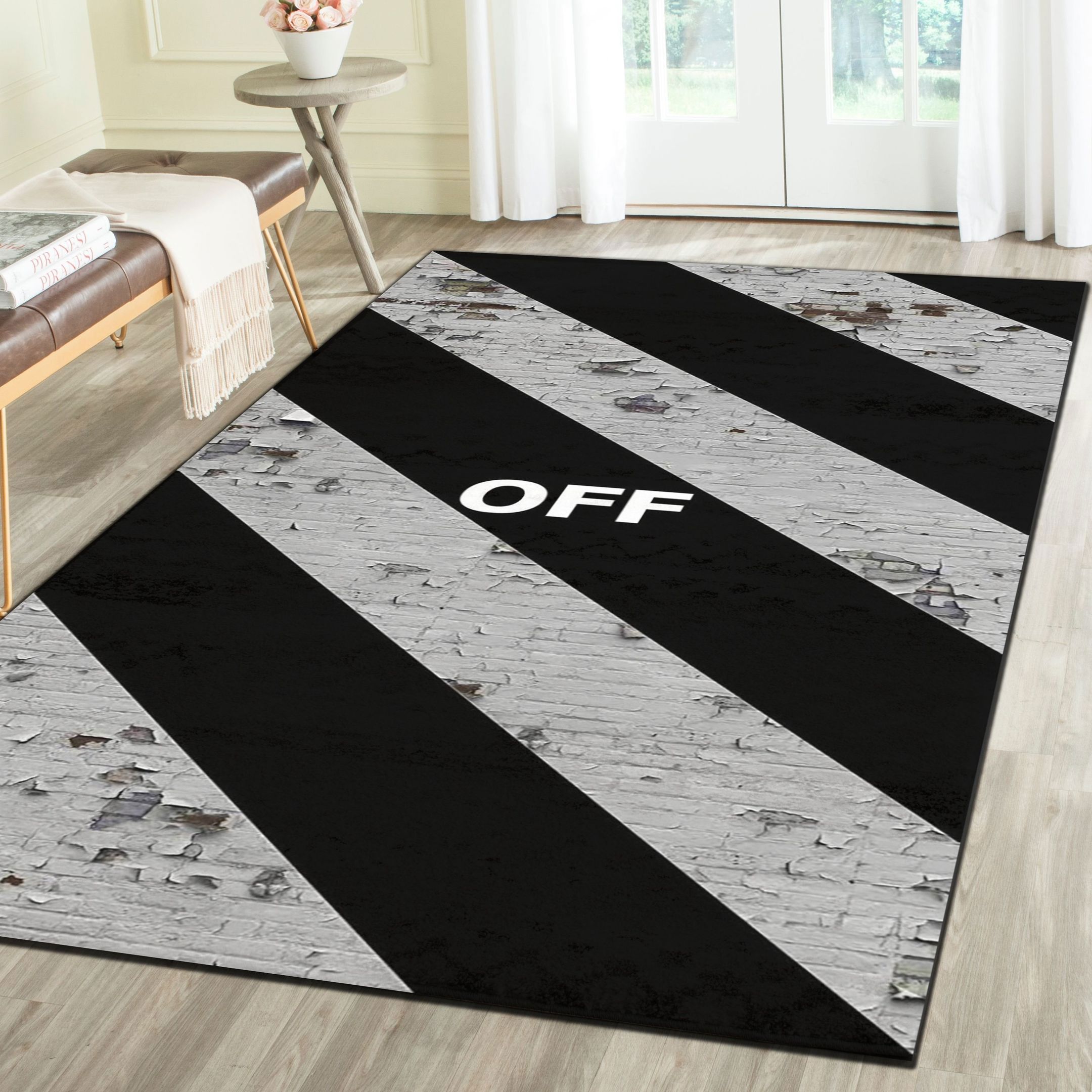 Off-white logo type 631. Upgrade Your Living Room with Luxury Home Decor: Area Carpets, Floor Decor, Door Mats, and Hot Gift Items with style a High-End Fashion Brand Rectangle Rug