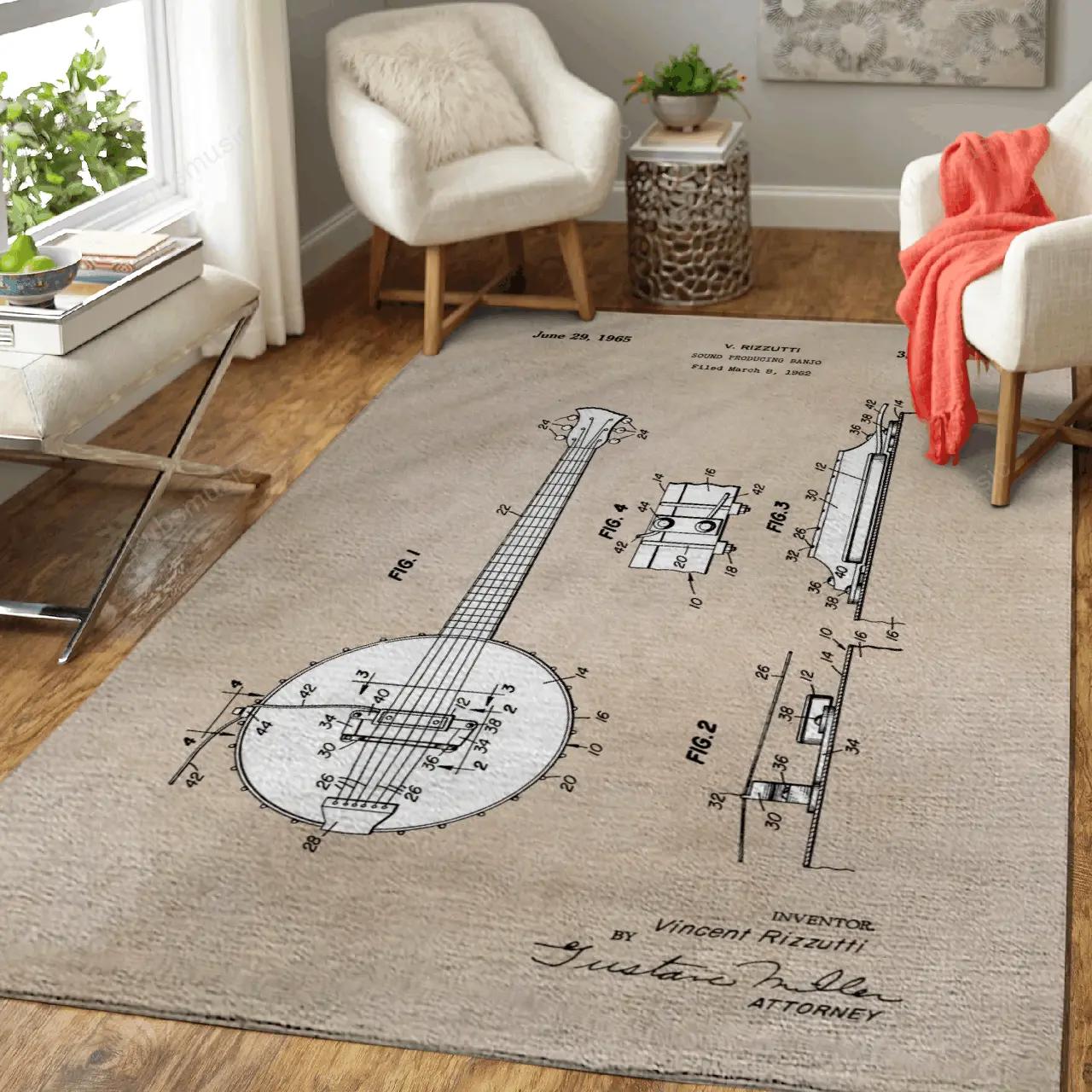 Patent art rizzutti 1965 sound producing banjo patent music art for fans area rug living room carpet rug regtangle carpet floor decor home decor Rectangle Rug