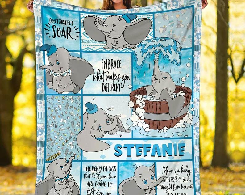 Personalized dumbo blanket, dumbo fleece blanket, dumbo flying elephant blanket quilt, couch sofa blanket birthday gift Quilt Blanket