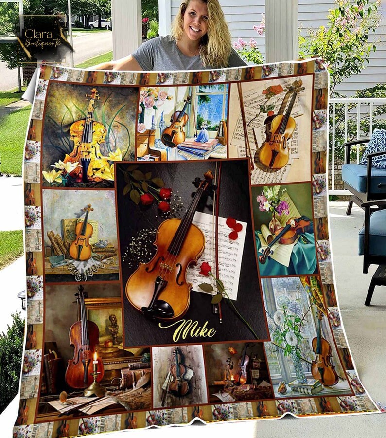 Personalized name violin fleece blanket, mink sherpa blanket, violin blanket, violin player gift, musical instrument quilt Quilt Blanket