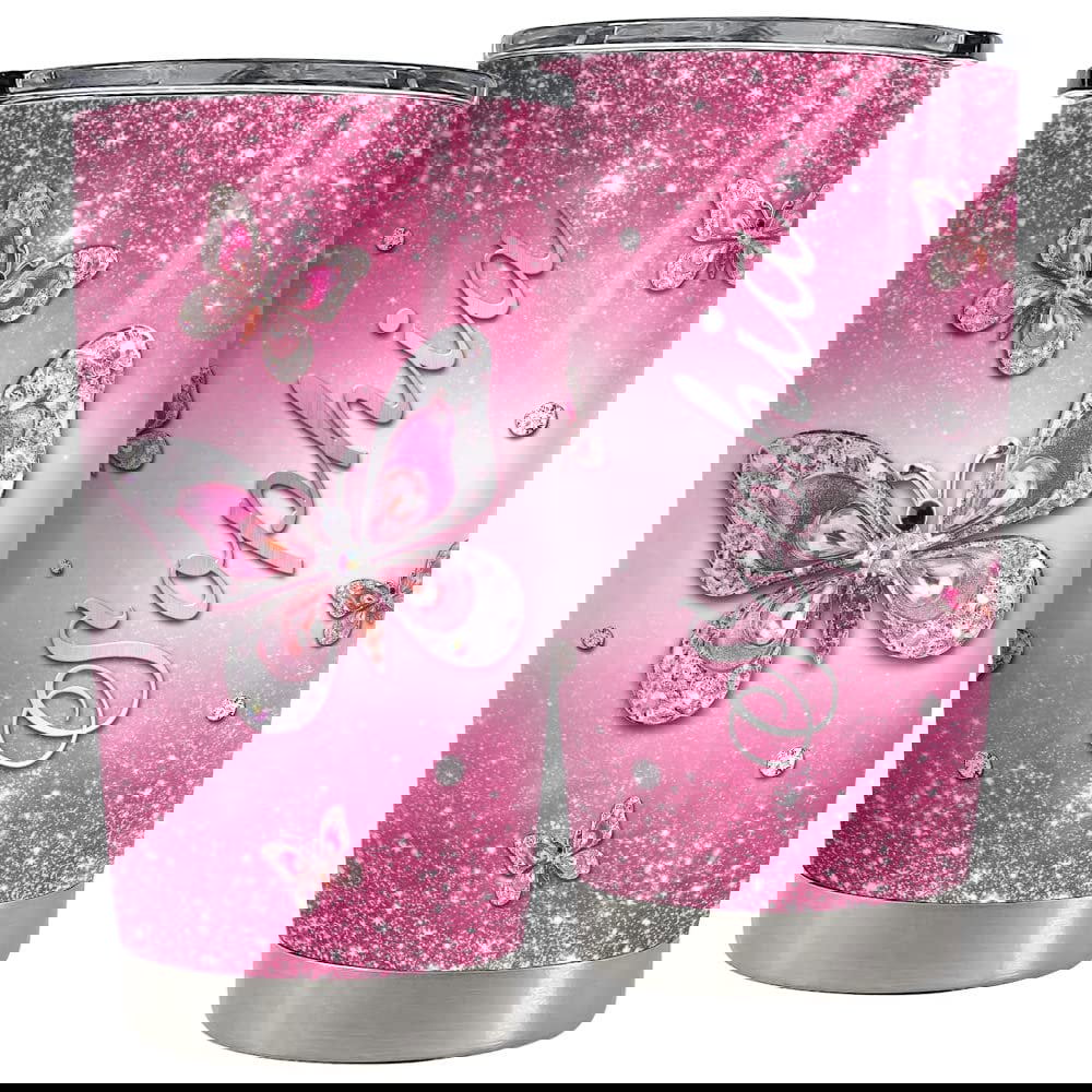 Personalized pink butterfly tumbler jewelry style for animal lover Personalized Tumbler