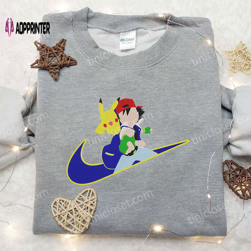Pikachu & satoshi x nike anime embroidered hoodie & shirts: pokemon & nike inspired collection Embroidered Shirt