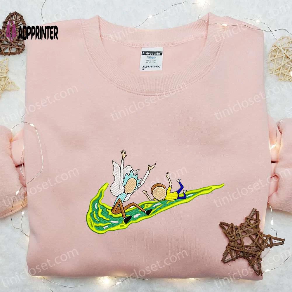 Rick and morty x swoosh cartoon embroidered sweatshirt: nike inspired custom hoodie Embroidered Shirt