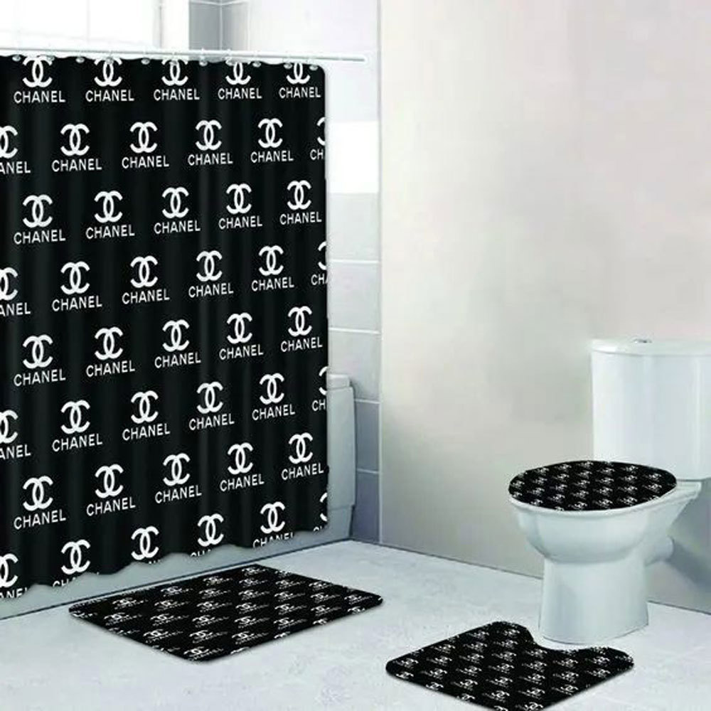 Rugs in living room and bedroom - Chanel black bathroom set hot 2023 luxury shower curtain bath rug mat home decor 265 Bathroom Accessory Sets
