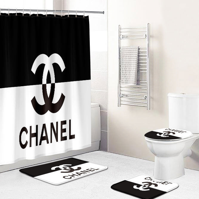Rugs in living room and bedroom - Chanel black white bathroom set hot 2023 luxury shower curtain bath rug mat home decor 153 Bathroom Accessory Sets