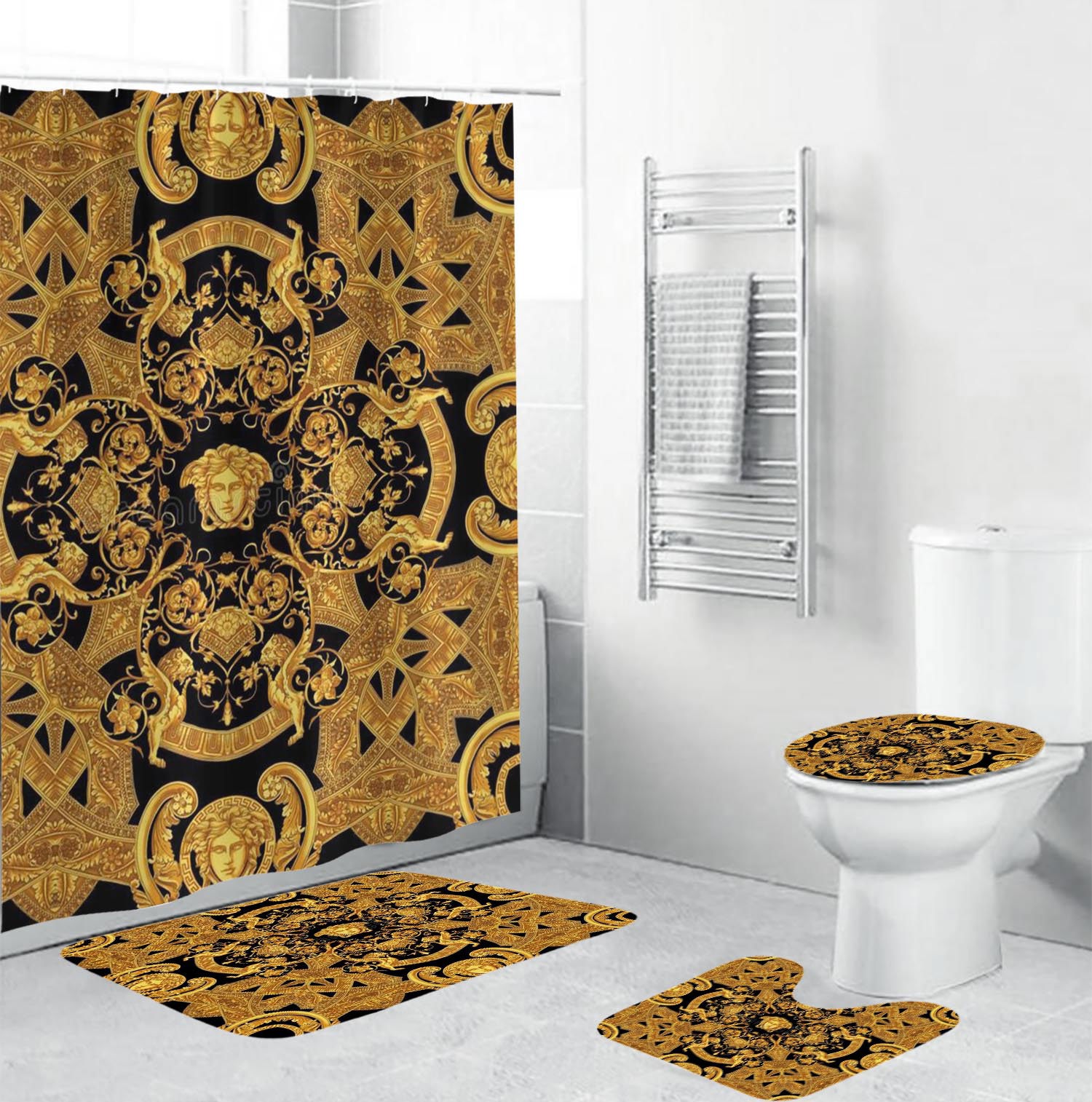 Rugs in living room and bedroom - Gianni versace gold bathroom set hot 2023 luxury shower curtain bath rug mat home decor 181 Bathroom Accessory Sets
