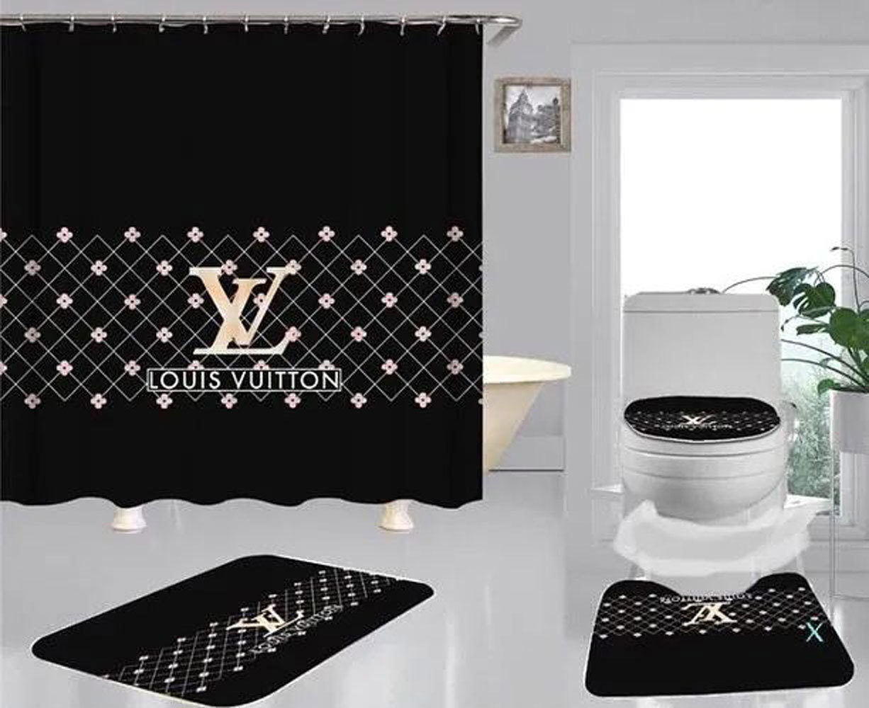 Rugs in living room and bedroom - Louis vuitton lv black bathroom set hot 2023 luxury shower curtain bath rug mat home decor 281 Bathroom Accessory Sets