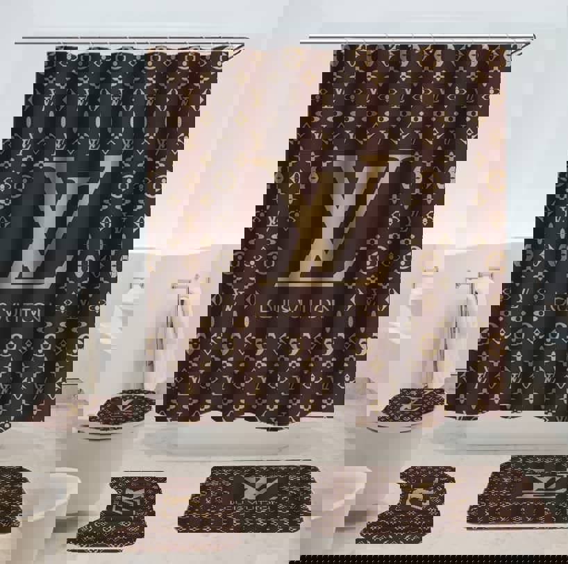 Rugs in living room and bedroom - Louis vuitton lv brown bathroom set hot 2023 luxury shower curtain bath rug mat home decor 121 Bathroom Accessory Sets